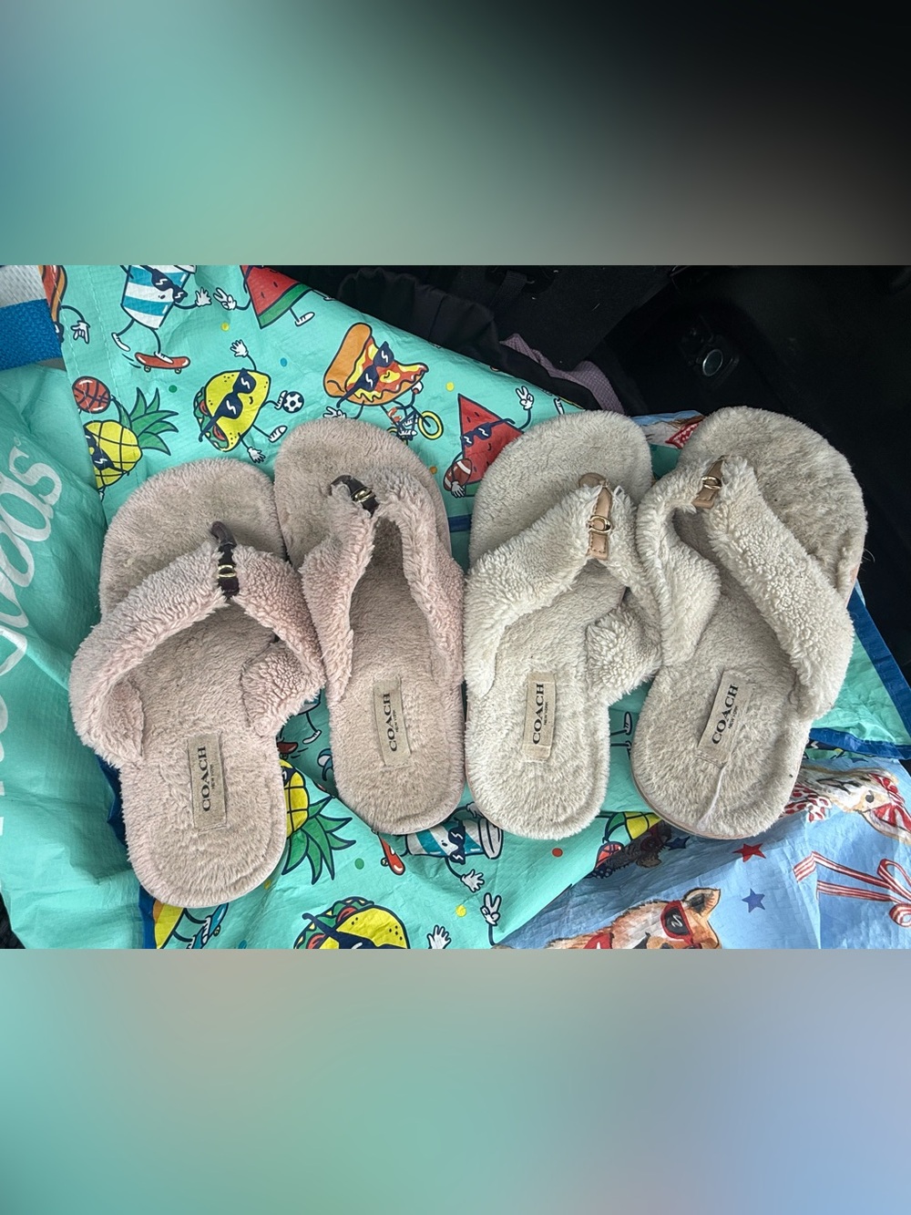 COACH Women's set of 2 Plush Flip Flops - Pink and Cream